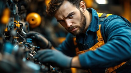 Obraz premium Focused male mechanic intensely repairing complex machinery.