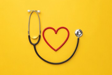 Stethoscope and heart shape on a yellow background, perfect for medical professionals, healthcare campaigns, or wellness content focused on heart health.