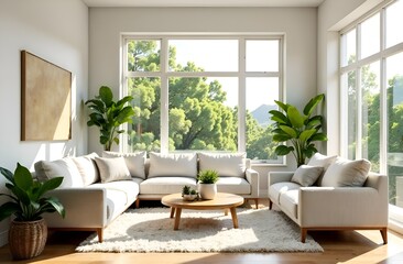 Fototapeta premium interior in light pastel colors with green plants, large windows, fireplace, mirror