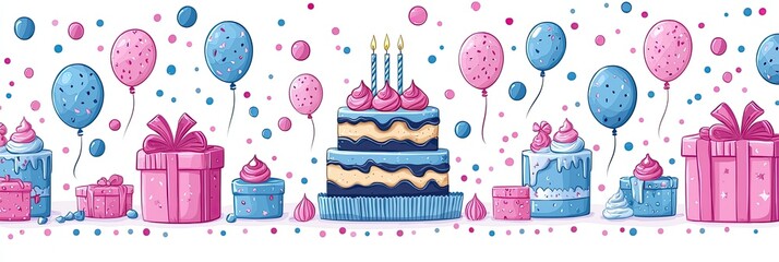 Fototapeta premium A festive illustration featuring a birthday cake, balloons, gifts, and decorations.