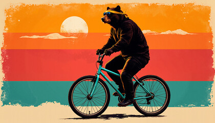 Cool bear riding a bicycle with sunglasses against a vibrant sunset background