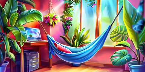 Indoor Hammock Scene with Laptop and Tropical Plants