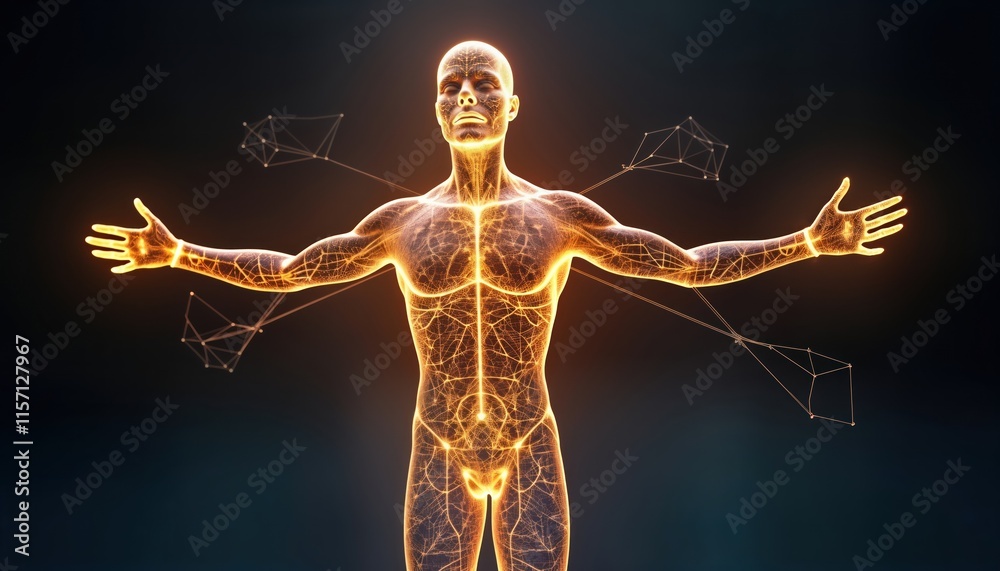 Poster glowing 3d human body model projected on dark background. human anatomy structure highlighted. biote