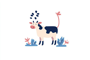 Cute cow standing in the meadow looking forward with plants around