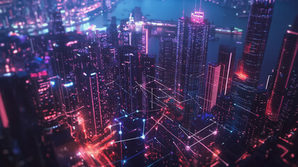 Fototapeta premium Smart digital Innovation city with connection network reciprocity over the cityscape. of future smart wireless digital city and social media networking systems that connects people with in city