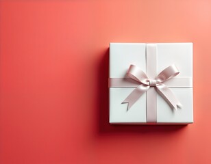 White gift box with pink ribbon tied in bow sits on coral red background. Elegant, simple presentation. Perfect for holiday shopping ideas. Ideal for various occasions like birthday anniversary