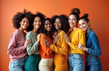 Group of cheerful young women in stylish outfits. Posing together in studio shot against vibrant orange background. Women wearing colorful clothing in various shades. Expressions joyful, confident.