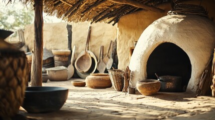 Traditional African hut interior with earthen oven and cooking utensils.