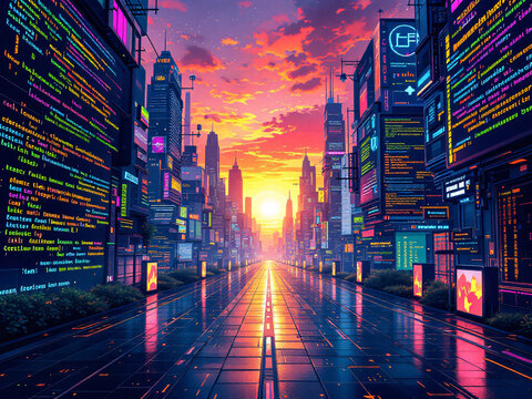 Futuristic cityscape at sunset. - Powered by Adobe