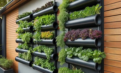 Vertical planters on a wall in a modern garden