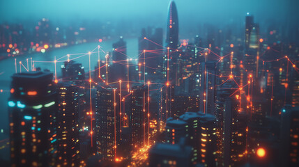 Fototapeta premium Smart digital Innovation city with connection network reciprocity over the cityscape. of future smart wireless digital city and social media networking systems that connects people with in city