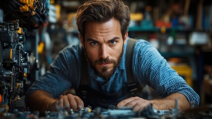 Focused male mechanic intensely working on machinery in his workshop.