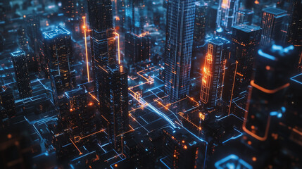 Fototapeta premium Smart digital Innovation city with connection network reciprocity over the cityscape. of future smart wireless digital city and social media networking systems that connects people with in city