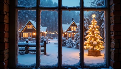Snowy winter night scene viewed through frosty window. Cozy Christmas tree inside shines with warm lights. Snowy village outside with twinkling lights, houses. Peaceful, magical atmosphere. Festive