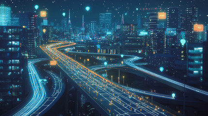 Obraz premium Smart digital Innovation city with connection network reciprocity over the cityscape. of future smart wireless digital city and social media networking systems that connects people with in city