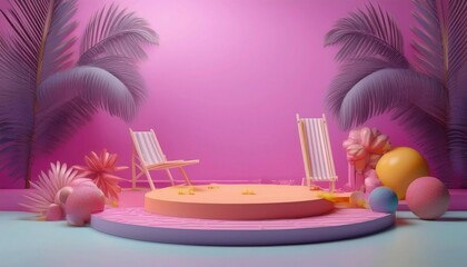 Obraz premium Vibrant Summer-Themed Podium with Tropical Accents for Bright, Sunny Product Displays