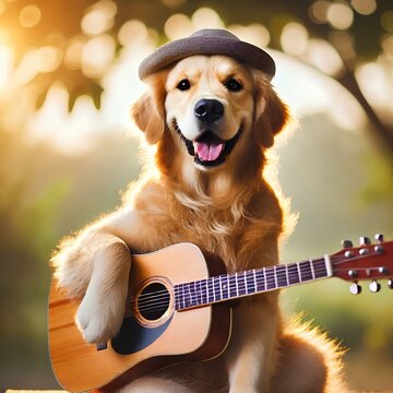 Golden retriever tried playing the guitar