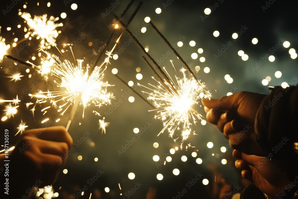 Aufkleber Multiple hands hold sparklers against a backdrop of a dark night sky, creating a joyful and festive atmosphere with dazzling light and sparkling energy.