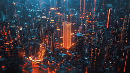 Fototapeta premium Smart digital Innovation city with connection network reciprocity over the cityscape. of future smart wireless digital city and social media networking systems that connects people with in city