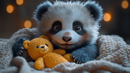 Fototapeta premium Adorable baby panda cuddling a teddy bear under a cozy blanket.