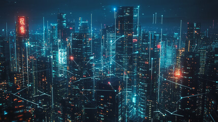 Smart digital Innovation city with connection network reciprocity over the cityscape. of future smart wireless digital city and social media networking systems that connects people with in city