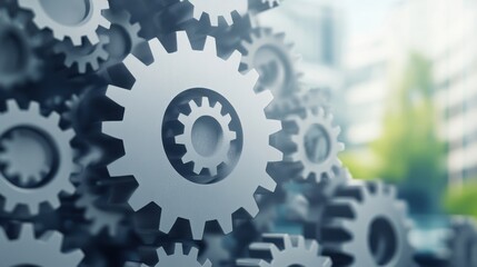 Large interconnected network of gears symbolizing corporate competition, with one oversized gear dominating the scene, representing antitrust concerns. Central gear with copy space for text.