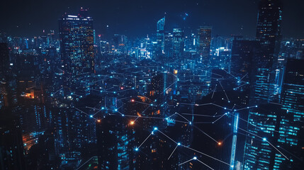 Obraz premium Smart digital Innovation city with connection network reciprocity over the cityscape. of future smart wireless digital city and social media networking systems that connects people with in city