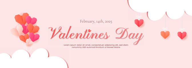 Valentine's Day design featuring paper-cut clouds and love-themed decorations.