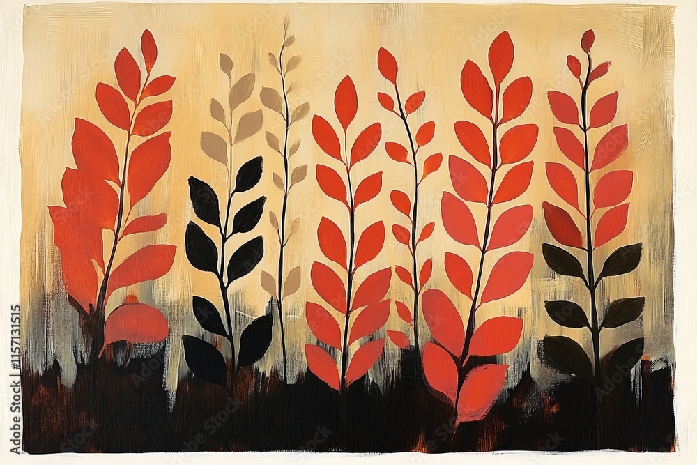 Aufkleber bold red and black leaves in an abstract art style symbolize strength and creativity, painted agains
