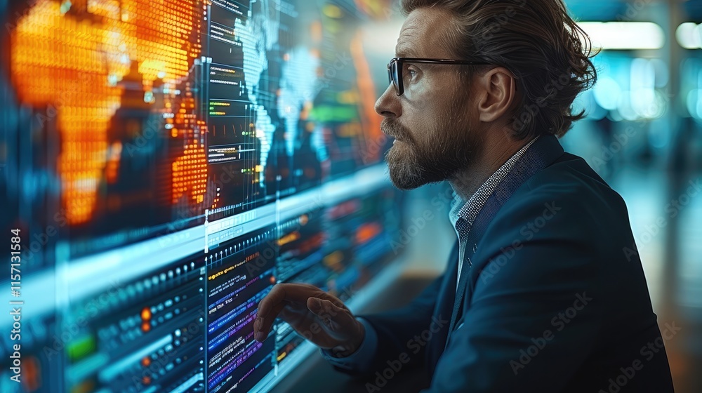 Poster an elegant businessman doing complex calculations on a giant screen in a fun, colorful atmosphere.
