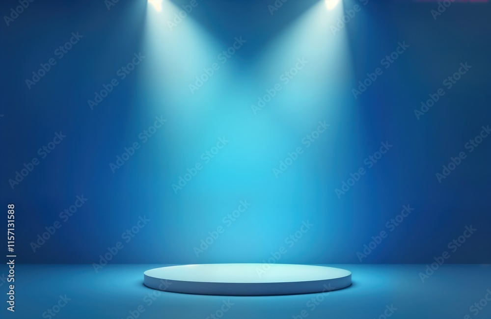 Poster empty blue room with spotlight on stage. 3d render design. suitable for product display fashion show