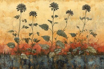 An artistic representation of tall flowers against a rustic background, combining elements of nature with a textured and visually captivating artistic style.