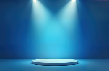 Empty blue room with spotlight on stage. 3D render design. Suitable for product display fashion show. Modern style. Empty space for presentation. Blue gradient walls. Spotlight highlights central - obrazy, fototapety, plakaty