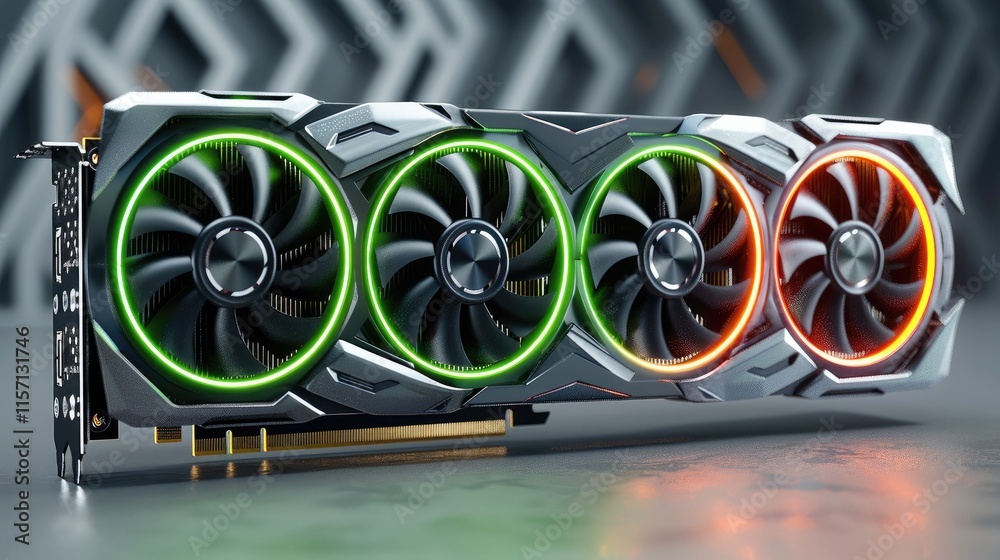 Poster design of graphics card with 3 fans, product design, 3d rendering, front view, gray background.