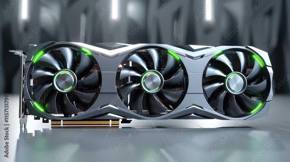 Poster design of graphics card with 3 fans, product design, 3d rendering, front view, gray background.