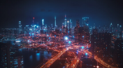 Fototapeta premium Smart digital Innovation city with connection network reciprocity over the cityscape. of future smart wireless digital city and social media networking systems that connects people with in city