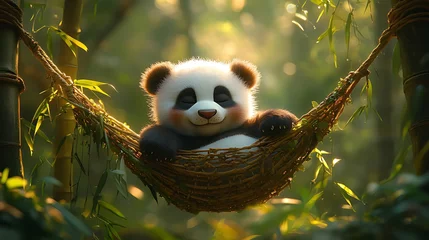 Gardinen Adorable baby panda bear peacefully sleeping in a woven hammock nestled within a bamboo forest, bathed in warm sunlight. © Purnomo adi