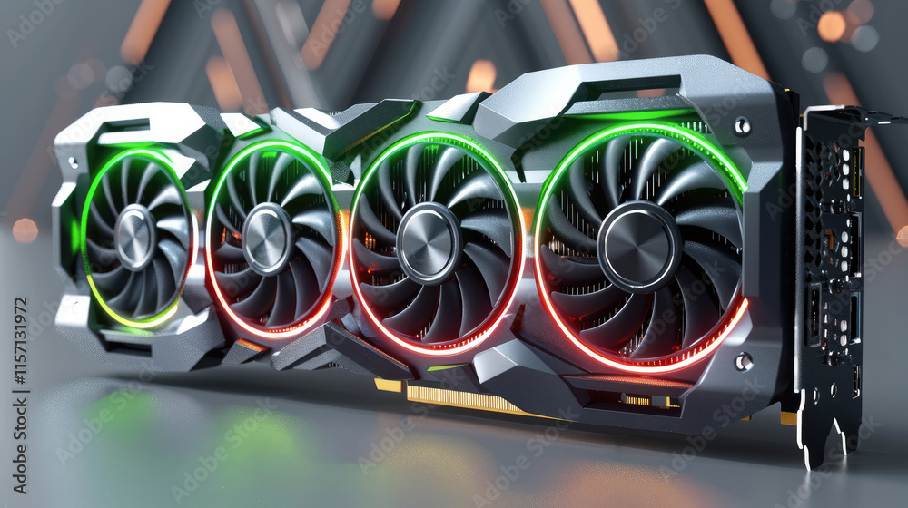 Poster design of graphics card with 3 fans, product design, 3d rendering, front view, gray background.