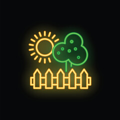 Green neon tree and a yellow neon sun shining over a yellow neon fence on a black background