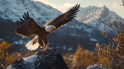 Fototapeta premium Majestic bald eagle landing on rock, mountains background.