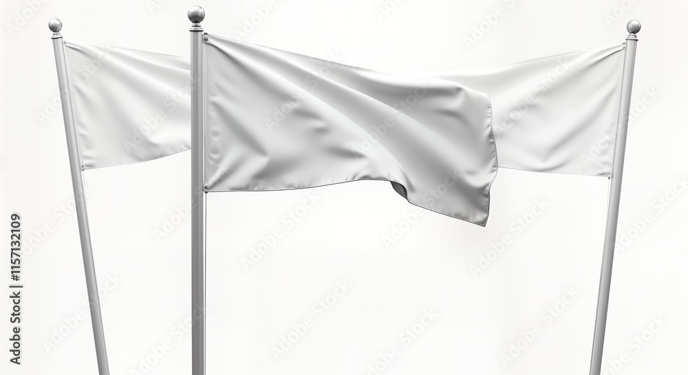 Poster blank white flag waves gently on flagpoles. isolated design. empty space for custom message promo. v