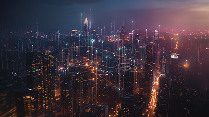 Fototapeta premium Smart digital Innovation city with connection network reciprocity over the cityscape. of future smart wireless digital city and social media networking systems that connects people with in city