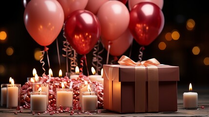 A pair of gifts and balloons sitting on a table, awaiting or gifting