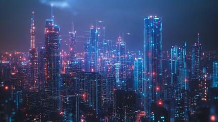 Fototapeta premium Smart digital Innovation city with connection network reciprocity over the cityscape. of future smart wireless digital city and social media networking systems that connects people with in city