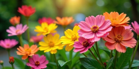 Brightly colored flowers blooming in a garden, greenery, plants