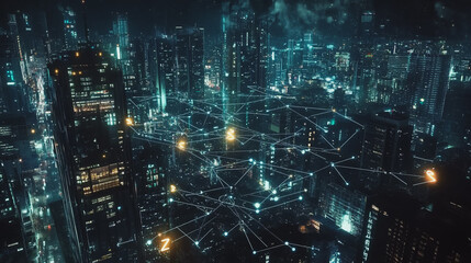 Obraz premium Smart digital Innovation city with connection network reciprocity over the cityscape. of future smart wireless digital city and social media networking systems that connects people with in city
