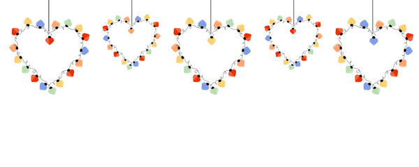 Horizontal template with heart shaped garland lights. Decorative design elements with colorful light bulbs for Valentine's day card, wedding invitation, web banner, poster.