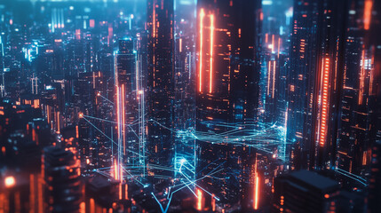 Fototapeta premium Smart digital Innovation city with connection network reciprocity over the cityscape. of future smart wireless digital city and social media networking systems that connects people with in city