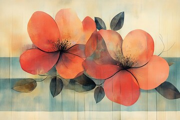 A captivating view of two abstract, large flowers juxtaposed with delicate leaves, emphasizing the cyclic nature of life and vibrant artistic expression in warm colors.
