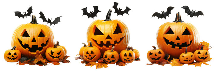 Fototapeta premium Set of A single carved pumpkin with a cheerful on transparent png background